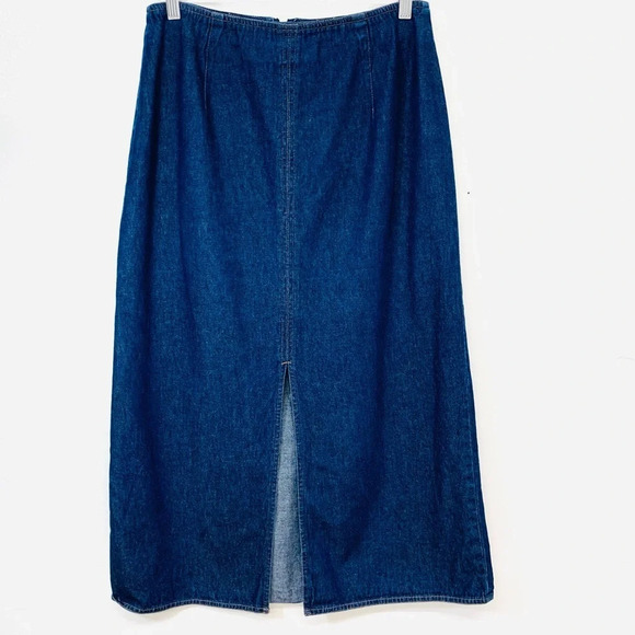 Forenza Long Denim Skirt 12 Midi Maxi Front Slit 100% Cotton Blue Back Zip Boho - Picture 1 of 11